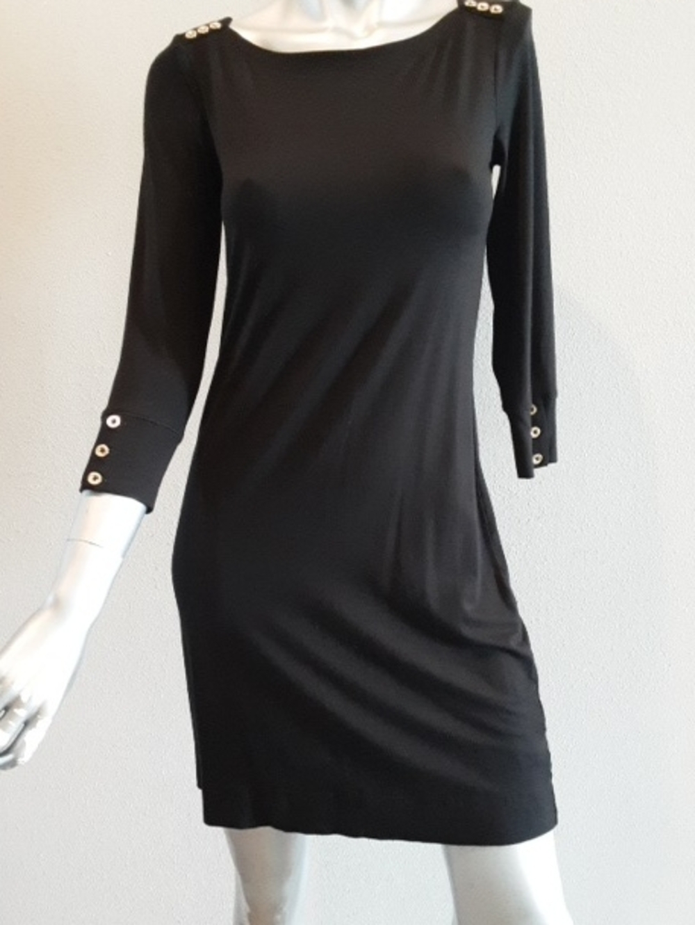 LiILLY PULITZER-SOPHIE- XS-Black Mini Shift Dress with Gold Logo Button Details
